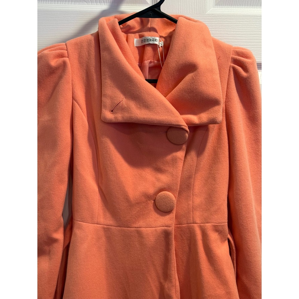 Korean Brand Coral Pink Puff Sleeve Peacoat with Oversized‎ Collar and Belt